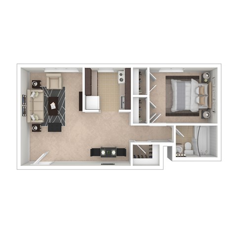 Floor plan for 1 bed, 1 bath, 749 sqft